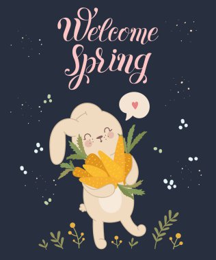 Vektör çıkartma koleksiyonu ile şirin bahar tavşan. Bebek duş, kartpostal, etiket, broşür, el ilanı, sayfa, banner tasarımı için mükemmel. Bahar tatili, kadın gün, Paskalya, Valentine