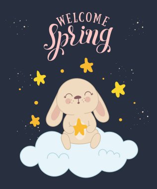 Vektör çıkartma koleksiyonu ile şirin bahar tavşan. Bebek duş, kartpostal, etiket, broşür, el ilanı, sayfa, banner tasarımı için mükemmel. Bahar tatili, kadın gün, Paskalya, Valentine