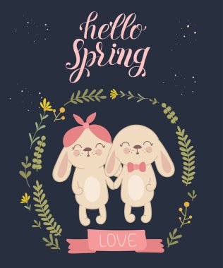 Vektör çıkartma koleksiyonu ile şirin bahar tavşan. Bebek duş, kartpostal, etiket, broşür, el ilanı, sayfa, banner tasarımı için mükemmel. Bahar tatili, kadın gün, Paskalya, Valentine