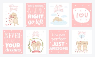 Vektör sevimli tavşan ve kalpleri ile seamless modeli. Bebek duş, kartpostal, etiket, broşür, el ilanı, sayfa, banner tasarımı için mükemmel. Bahar tatili, kadın gün, Paskalya, Sevgililer