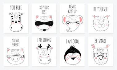 Sevimli doodle hayvanlar ve motivati ile Vektör kartpostal koleksiyonu