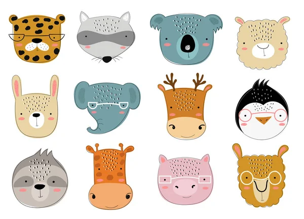Coleção de vetores de animais doodle bonitos para crianças — Vetor de Stock