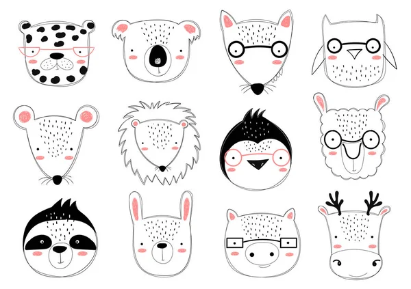 Coleção de vetores de animais doodle bonitos para crianças —  Vetores de Stock