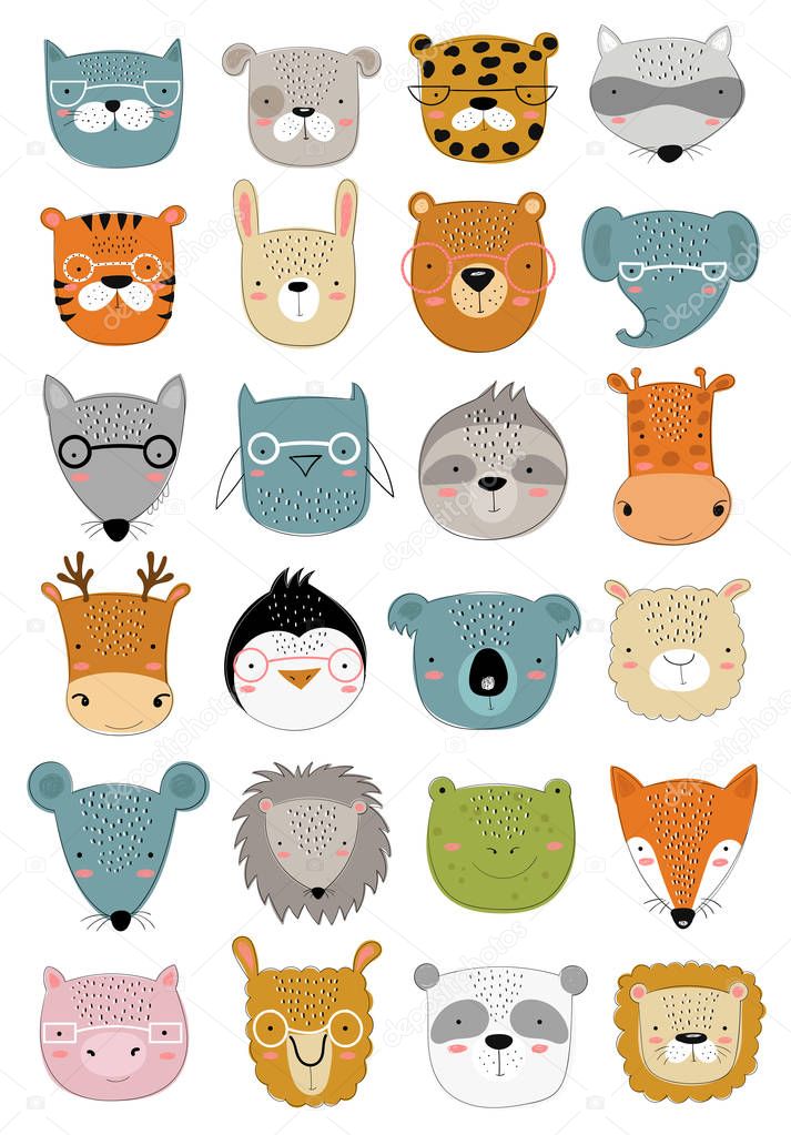 Vector collection of cute doodle animals for kids