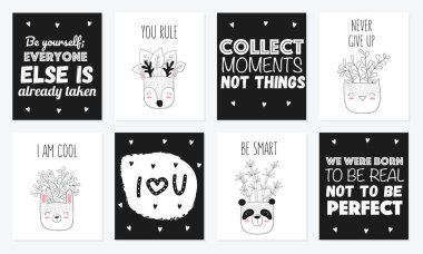 Komik hayvan tencere ev bitkiler ile sevimli kartlar koleksiyonu.