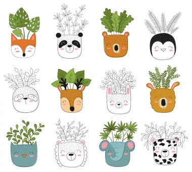 Komik hayvan tencere vektör sevimli ev bitki.