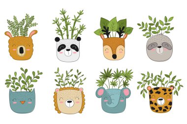 Komik hayvan tencere vektör sevimli ev bitki.
