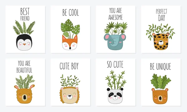 Verzameling van leuke kaarten met huis planten in Funny Animal potten. — Stockvector