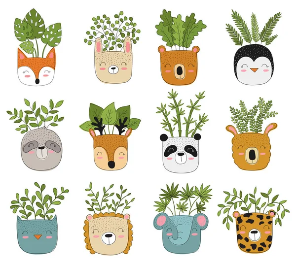 Vector cute huis plant in Funny Animal potten. — Stockvector