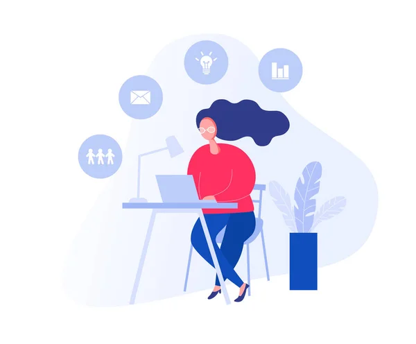 Illustratie met vrouw werken in het kantoor met laptop, Makin — Stockvector