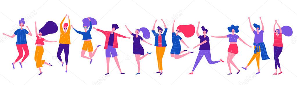 Group of happy dancing people. Male and female having fun, dance