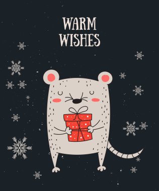 Sevimli kış fare çizim çizgi ile Vektör afiş. Yaratıcı sonrası