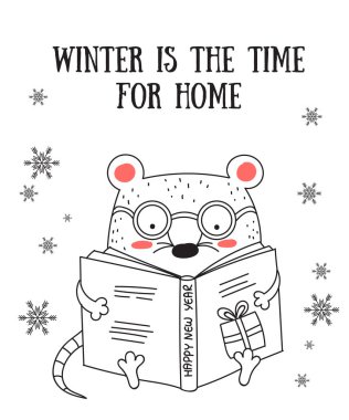 Sevimli kış fare çizim çizgi ile Vektör afiş. Yaratıcı sonrası