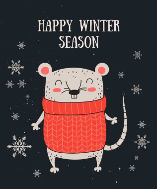 Sevimli kış fare çizim çizgi ile Vektör afiş. Yaratıcı sonrası