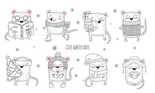 Conjunto de vectores de línea de dibujo lindo ratones de invierno en ropa acogedora. Cre — Vector de stock
