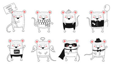 Vektör çizgisi şirin fareler çekiyor. Komik farelerin yaratıcı koleksiyonu