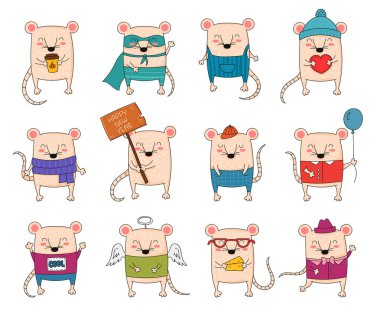 Vektör çizgisi şirin fareler çekiyor. Komik farelerin yaratıcı koleksiyonu