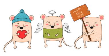 Vektör çizgisi şirin fareler çekiyor. Komik farelerin yaratıcı koleksiyonu