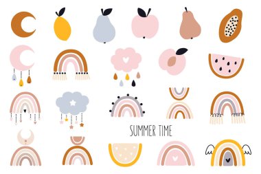 Vector hand drawn collection for nursery decoration with cute rainbows and fruit. Doodle illustration. Perfect for baby shower, birthday, children's party, summer holiday, clothing prints clipart