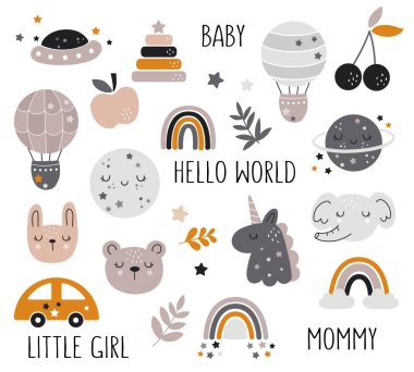 Bebek odası dekorasyonu için taşıyıcı el çizimi. İçinde güzel gökkuşakları, meyve ve kiraz çiçekleri var. Karalama çizimi. Bebek partisi, doğum günü, çocuk partisi, yaz tatili, kıyafet baskısı için mükemmel.