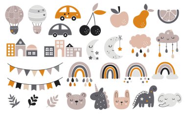 Bebek odası dekorasyonu için taşıyıcı el çizimi. İçinde güzel gökkuşakları, meyve ve kiraz çiçekleri var. Karalama çizimi. Bebek partisi, doğum günü, çocuk partisi, yaz tatili, kıyafet baskısı için mükemmel.