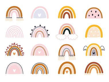 Vector hand drawn collection for nursery decoration with cute rainbows pastel color. Doodle illustration. Perfect for baby shower, birthday, children's party, summer holiday, clothing prints, greeting cards clipart