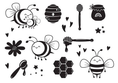 Vector hand drawn collection for nursery decoration with cute bee and honey. Doodle illustration. Perfect for baby shower, birthday, children's party, summer holiday, clothing prints, greeting cards clipart