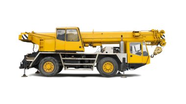 Sarı mobil vinç yan görünümü beyaz üzerine izole