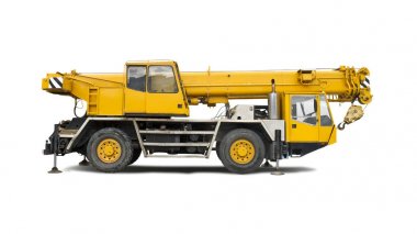 Yellow mobile crane truck side view isolated on white clipart