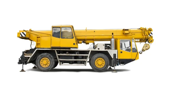 Yellow Mobile Crane Truck Side View Isolated White — 스톡 사진