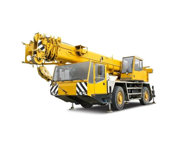 Yellow Mobile Crane Truck Side View Isolated White — 스톡 사진