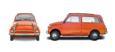 Klasik İtalyan küçük araba tarafı ve ön görünümü beyaz izole