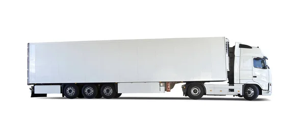 Witte Oplegger Truck Zijaanzicht Geïsoleerd Wit Stockfoto