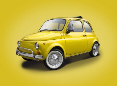 Sarı arka planda izole klasik Italyan sarı supermini araba