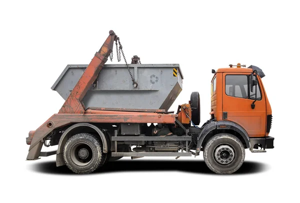 Industrieel Afval Dumpster Truck Zijaanzicht Geïsoleerd Wit Rechtenvrije Stockfoto's