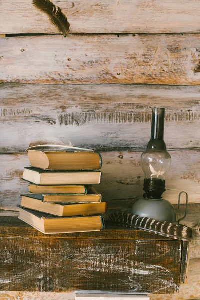 Books Oil Lamp Table Wooden Background Vintage — Stock Photo, Image