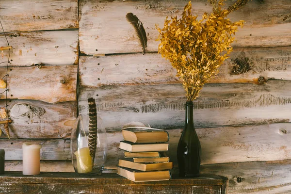 Time Read Books Books Candles Table Wooden Background Vintage — Stock Photo, Image