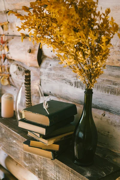 Books Table Wooden Background Vintage Autumn — Stock Photo, Image