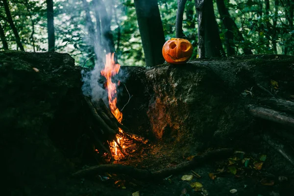 Cara Calabaza Por Fuego Woods Helloween Halloween — Foto de Stock