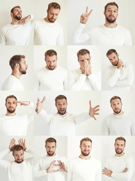 Collage Emozioni Diverse Bel Ragazzo Piedi Mostrando Diverse Emozioni — Foto Stock