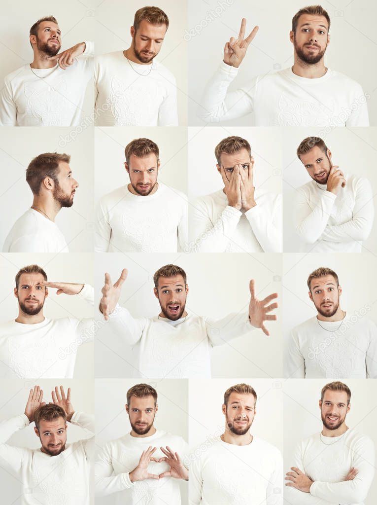 Collage of diverse emotions. Handsome guy standing and showing different emotions.