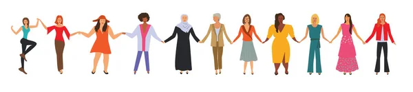 異なる国籍の幸せな女性が一緒に立って手を取り合っています 白い背景に隔離された平らな漫画のキャラクター — ストックベクタ