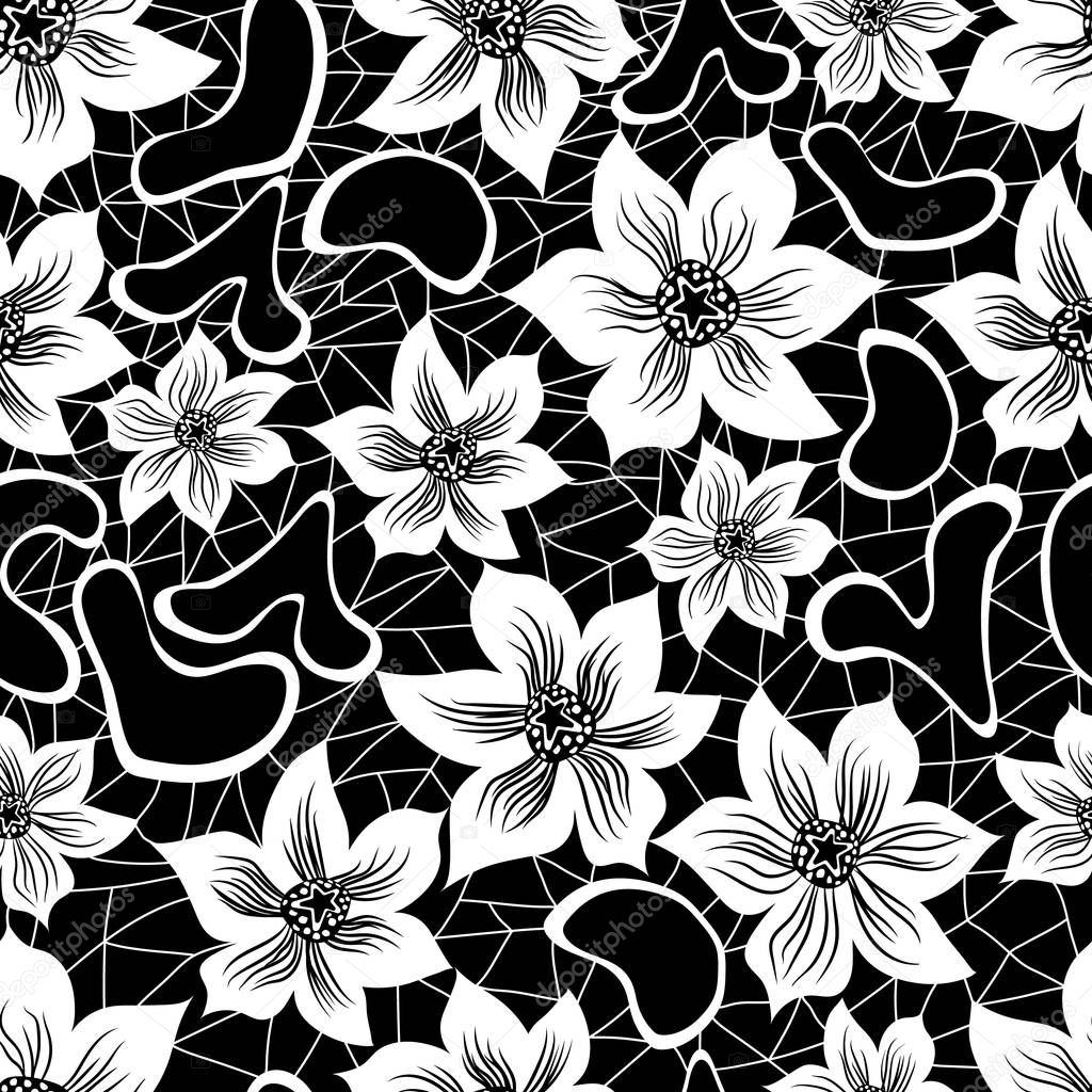 black and white seamless floral pattern of large flowers with cobwebs on black background