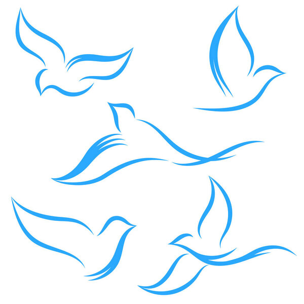 A set of flying abstract birds of blue color, isolated, no background