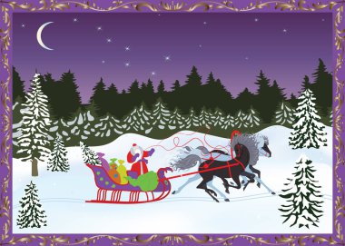 Rus Noel Troyka gece kış orman arka plan üzerinde Noel Baba ile. Vektör kartpostal