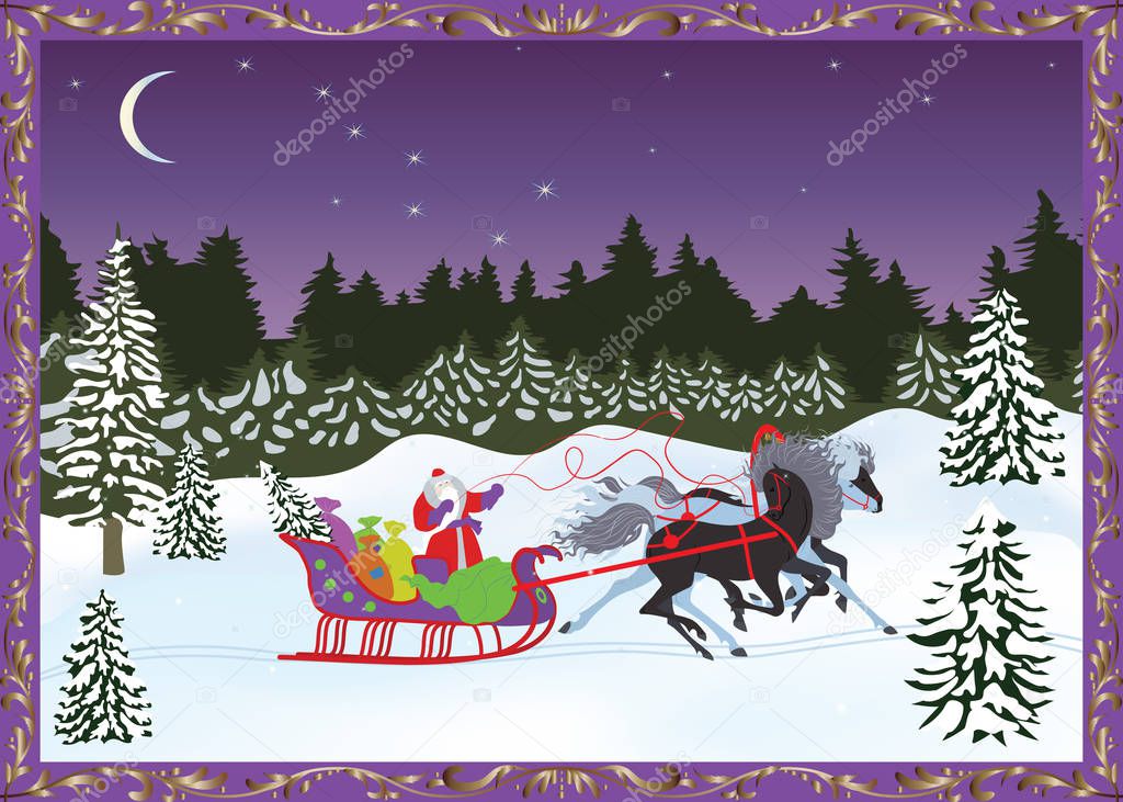 Russian Christmas troika with Santa Claus on the background of the night winter forest. Vector post card