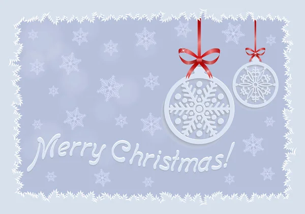 Weihnachtskarte Mit Kugeln Mit Roten Schleifen Und Schneeflocken Heller Hintergrund — Stockvektor
