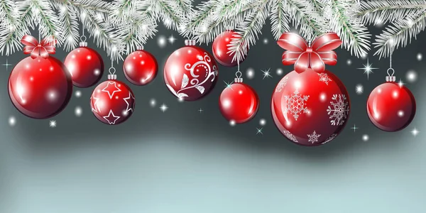 Composición Para Nuevo Año Navidad Ramas Abeto Bolas Rojas Estrellas — Vector de stock