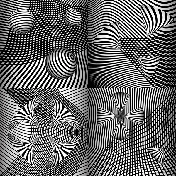 Um conjunto de fundos abstratos em preto e branco com ilusão óptica, com formas 3D geométricas — Vetor de Stock
