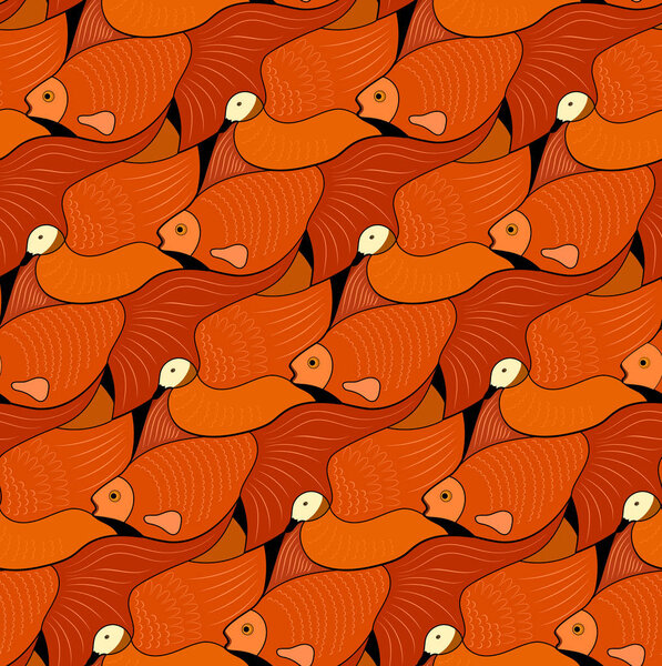 Seamless pattern with gold fish and Ruddy shelduck in Esher style, tessellation.